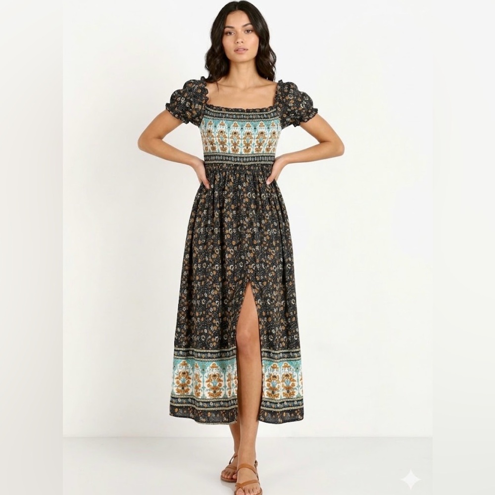 Smocked Bodice Midi Dress in Black Floral with Aqua Border